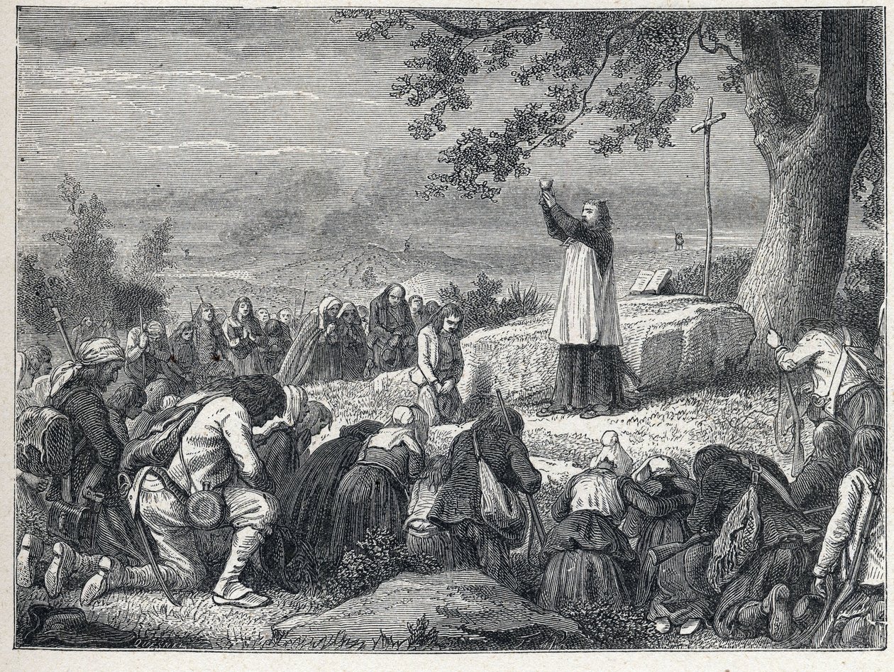 Vendee Wars (1793-1796): Präst-insatser som firar en mässa under en ek för den upproriska befolkningen som avvisar svurna präster. Gravyr från 1889. Privat samling. av French School