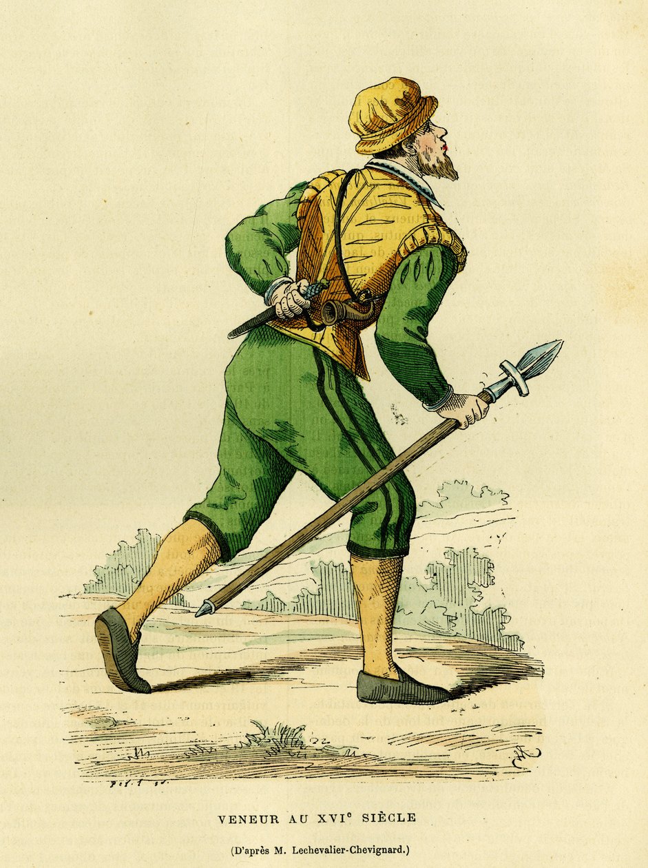 Veneurs dräkt, ansvarig för jakt på vanliga hundar, på 1600-talet. Färggravyr efter en teckning av Lechevaller-Chevignard, i "France et les francais a travers les centuries" av Augustin Challamel, F.Roy editor, Paris 1882. Selvas samling. av French School