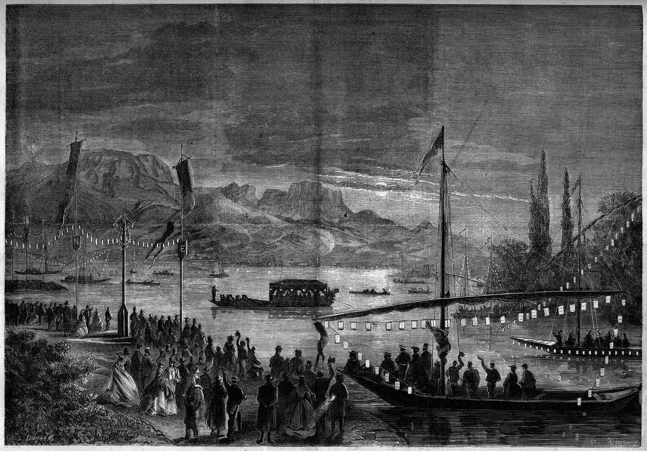 Venetiansk fest vid Annecysjön med anledning av besöket av Napoleon III och imponen Eugenie de Montijo. Annecy, Haute Savoie (74) av French School