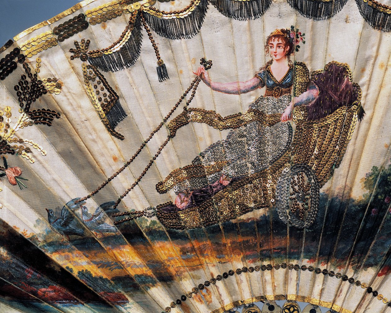 Venus på sin vagn, detalj av kvällshandfläkt med målade sidenblad och broderade med paljetter och bladguld av French School