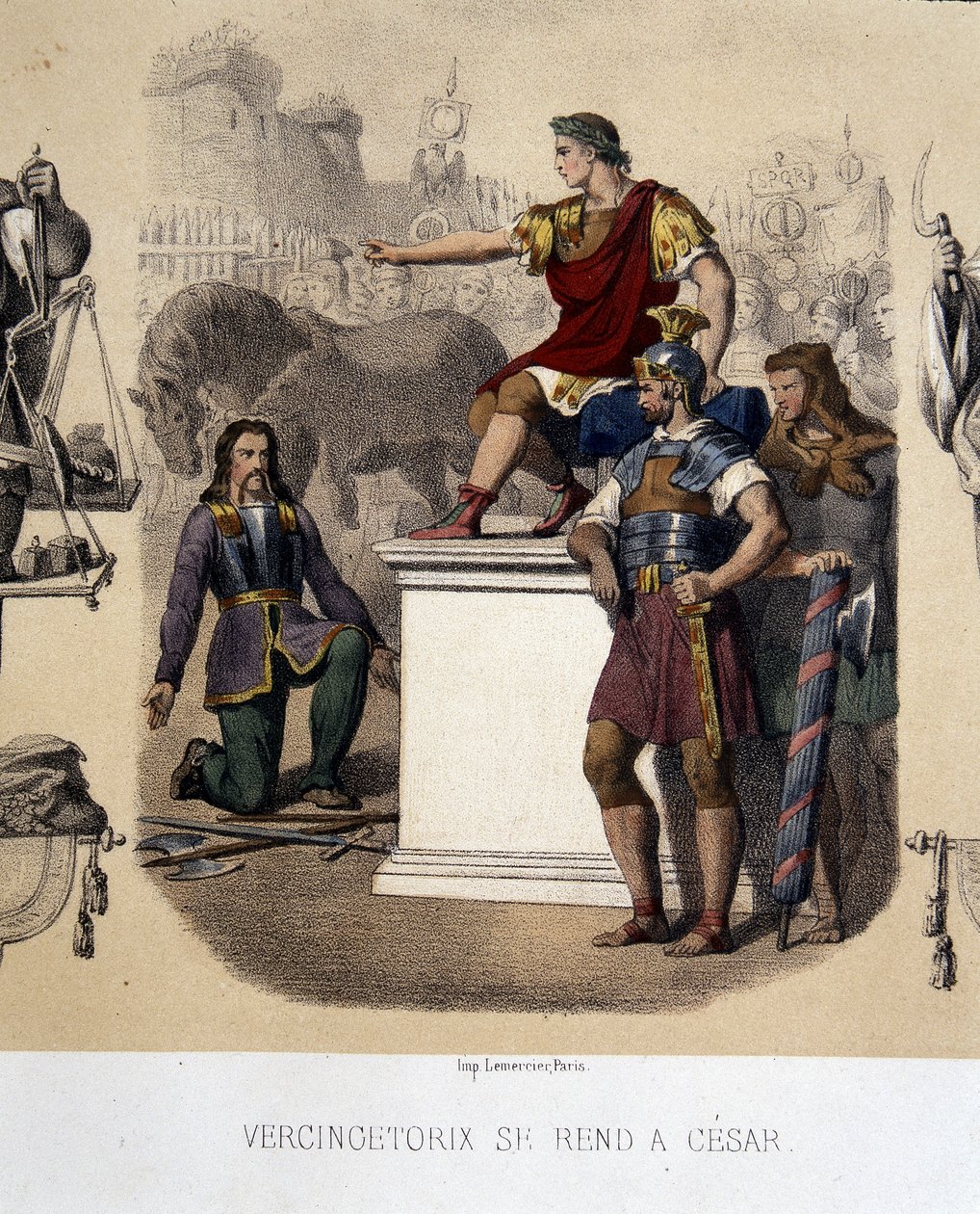 Vercingetorix går till Caesar (52 f.Kr.). av French School