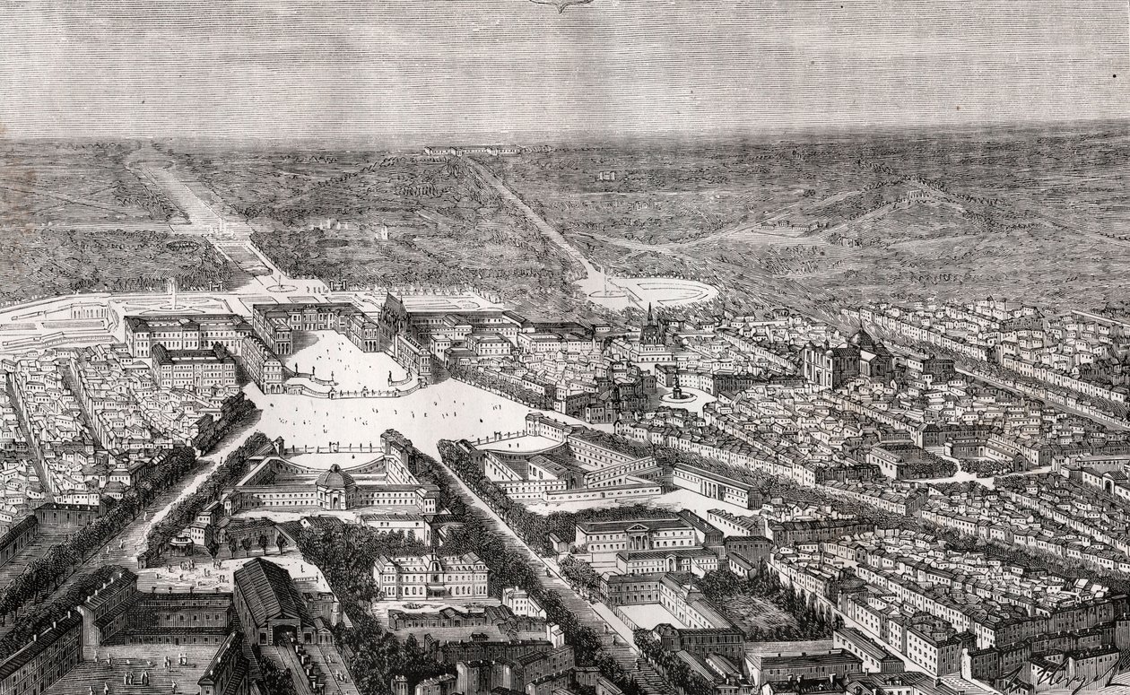 Versailles med sitt slott på 1800-talet - gravyr i "La France illustree: geografi, historia, statistisk administration" av V.A. Malt-brunt. 1884 av French School