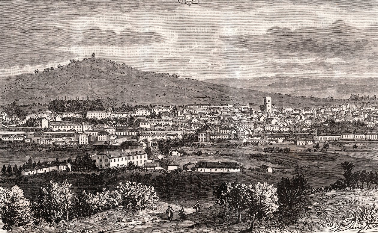 Vesoul - kommun i Grand Est i Frankrike, prefektur för departementet Haute-Saone i regionen Bourgogne-Franche-Comte - gravyr i "Frankrike illustree: geografi, historia, statistisk administration" av V.-A. Malt-brunt. 1884 av French School