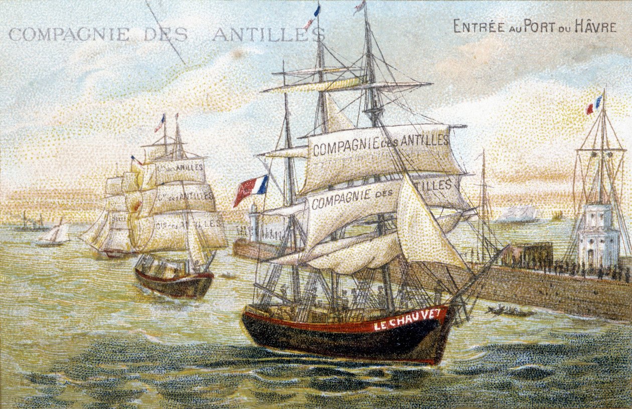 Fartyg från företaget i Västindien i hamnen i Le Havre. 1800-talsillustration bevarad på Dinans kommunala bibliotek. av French School