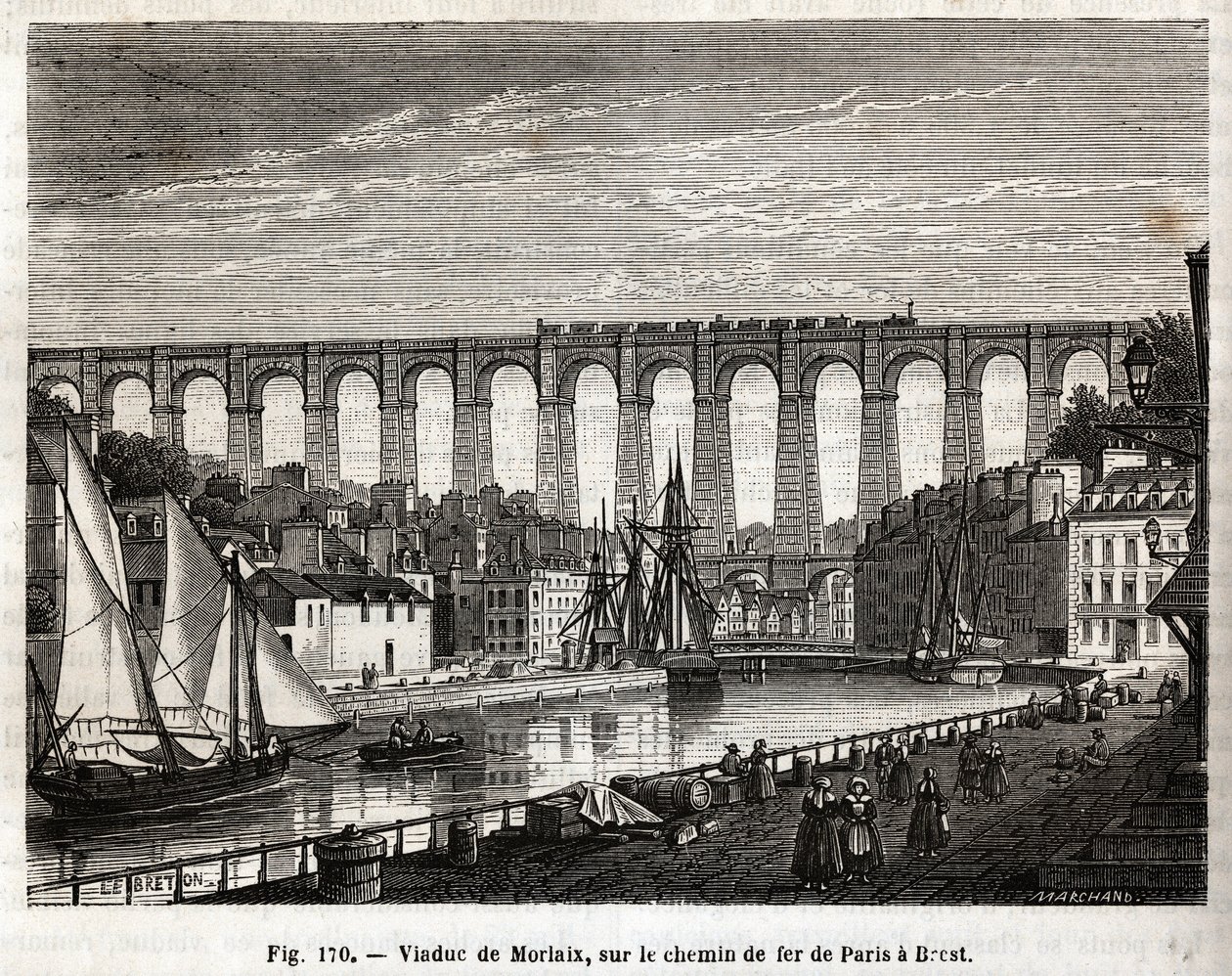 Morlaix Viaduct, på järnvägen från Paris till Brest (Frankrike). Gravyr av Lebreton et Marchand, i "" Les Merveilles de la Science"" av Louis Figuier (1819-1894), Jouvet et Cie-upplagan av French School