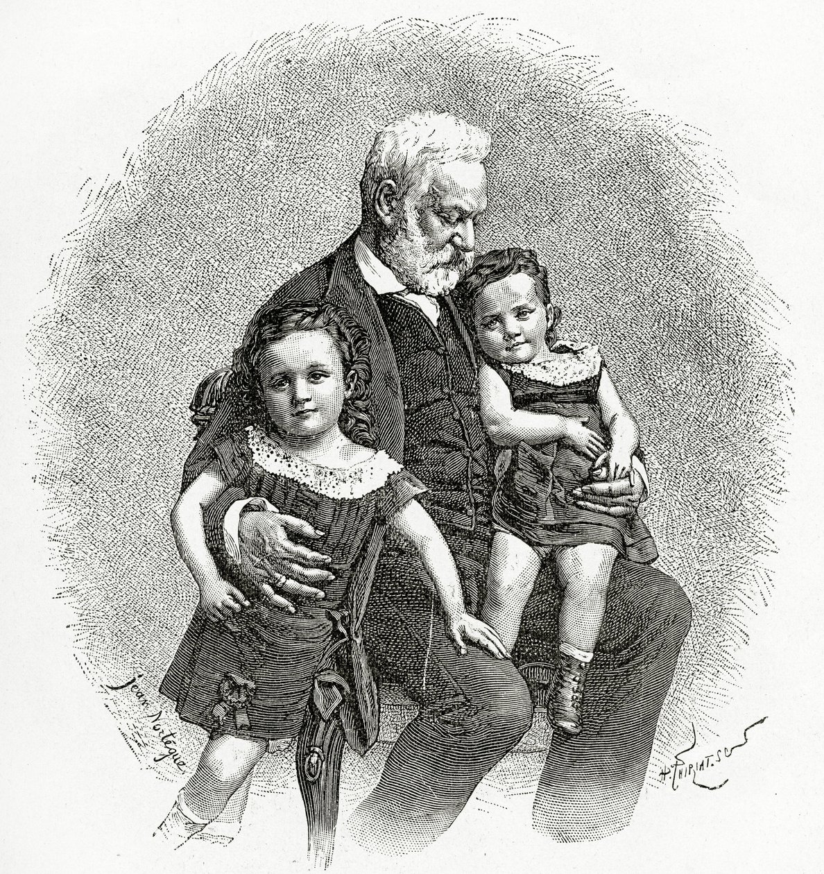 Victor Hugo och hans barnbarn, 1800-talet (bw gravyr) av French School