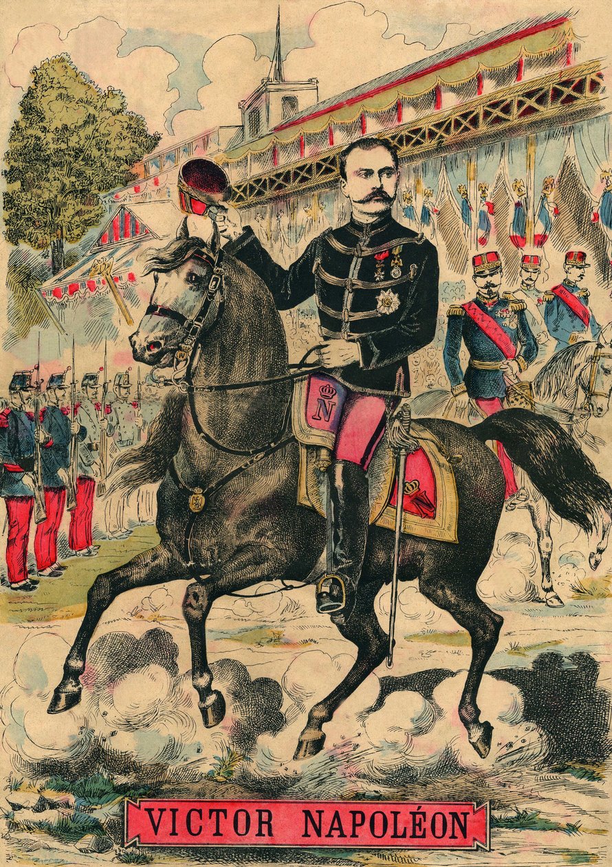 Victor Napoleon (1862-1926) i spetsen för bonapartisternas anhängare, den siste arvtagaren till Napoleon I som tvingades gå i exil efter en lag som antogs av den tredje republiken 1886. Gravyr, i "Le Figaro, supplement", den 30/03/1889, Paris. Coll. Selva. av French School