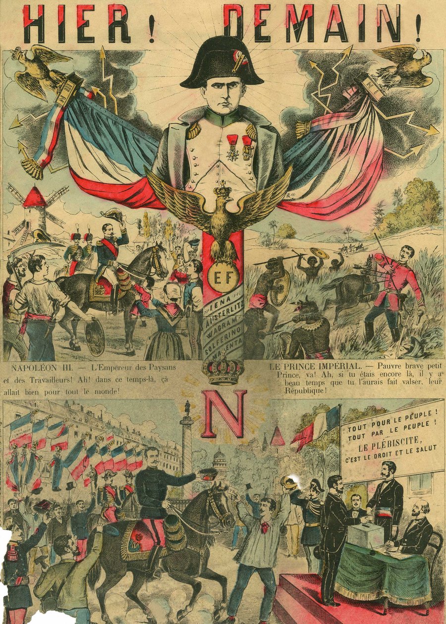Victor Napoleon (1862-1926) i spetsen för bonapartisternas anhängare, den siste arvtagaren till Napoleon I som tvingades gå i exil efter en lag som antogs av den tredje republiken 1886. Gravyr, i "Le Figaro, supplement", den 30/03/1889, Paris. av French School