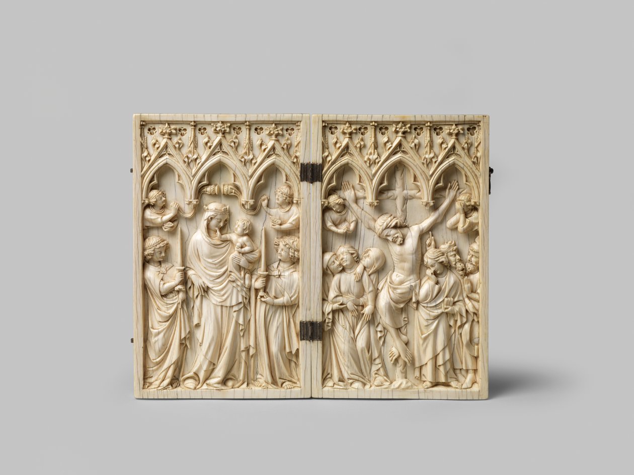 Vierge Glorieuse och Crucifixion diptyk ebenholtsbaksida är senare, 1300-talet av French School