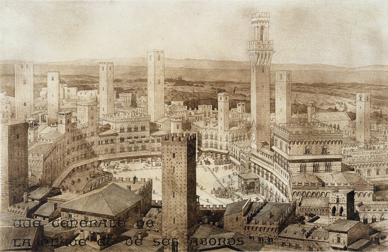 Utsikt över Siena, från fragment av medeltida och renässansarkitektur, graverad av Jules Adolphe Chauvet (f.1828) av French School