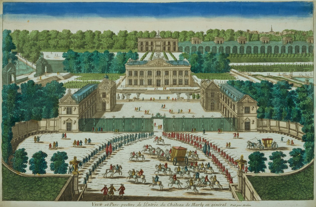 Utsikt och perspektiv på ingången till slottet Marly, graverad av Antoine Aveline (1691-1743) av French School