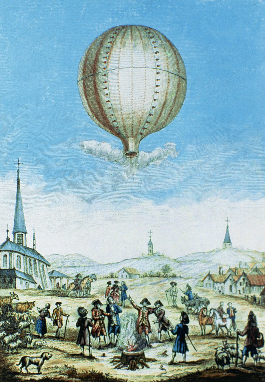 Utsikt över Annonay i Vivarais och den första flygningen av bröderna Montgolfier varmluftsballong 1783 (färggravyr) av French School