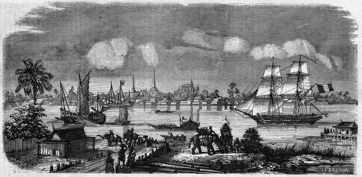 Utsikt över Bangkoks stad och hamn (Bang-Kok), kungariket Siam (Thailand) av French School