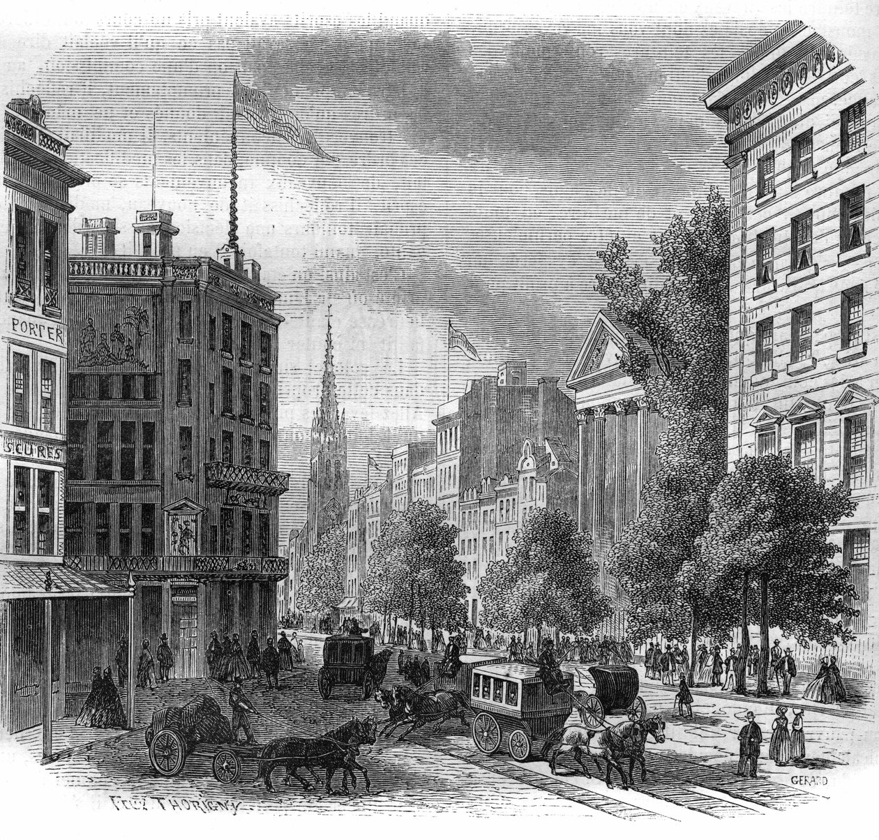Vy över Boadway i New York. Gravyr från 1862-1863. av French School