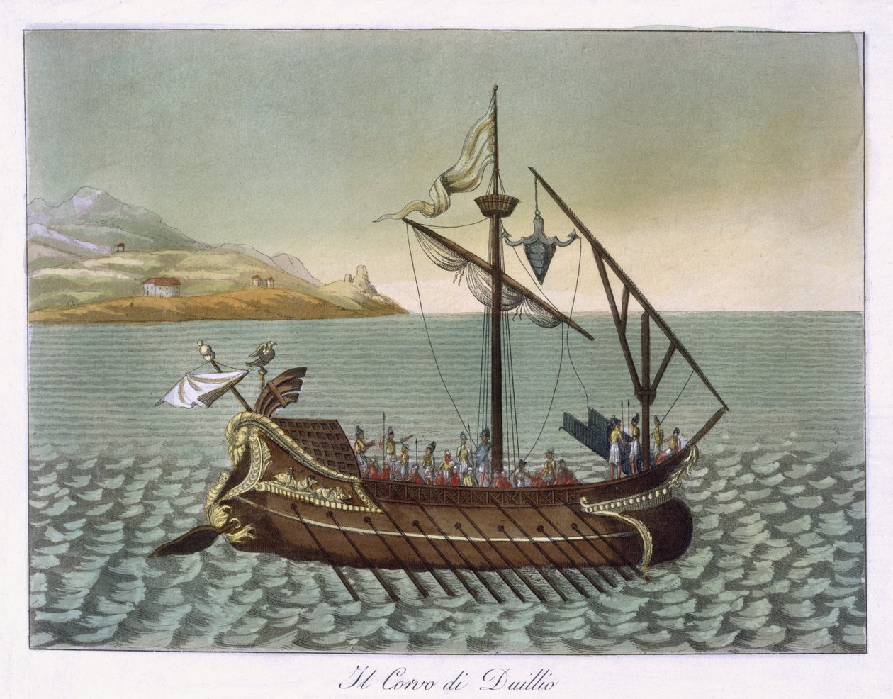 Vy över Corvus, sjökran, använd av G. Duillus, 1796 av French School