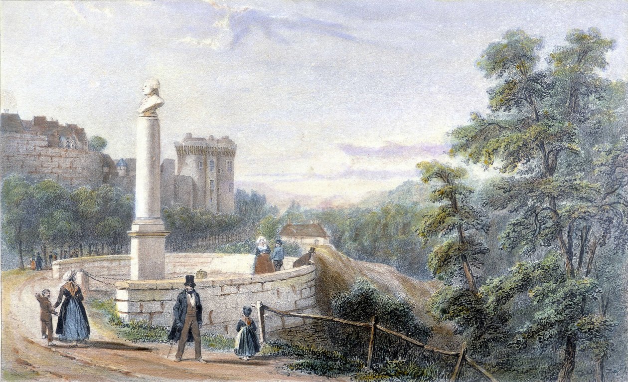 Vy över slottet Dinan och statyn av Duclos Pinot. Illustration från 1800-talet bevarad på museet i Dinan. av French School