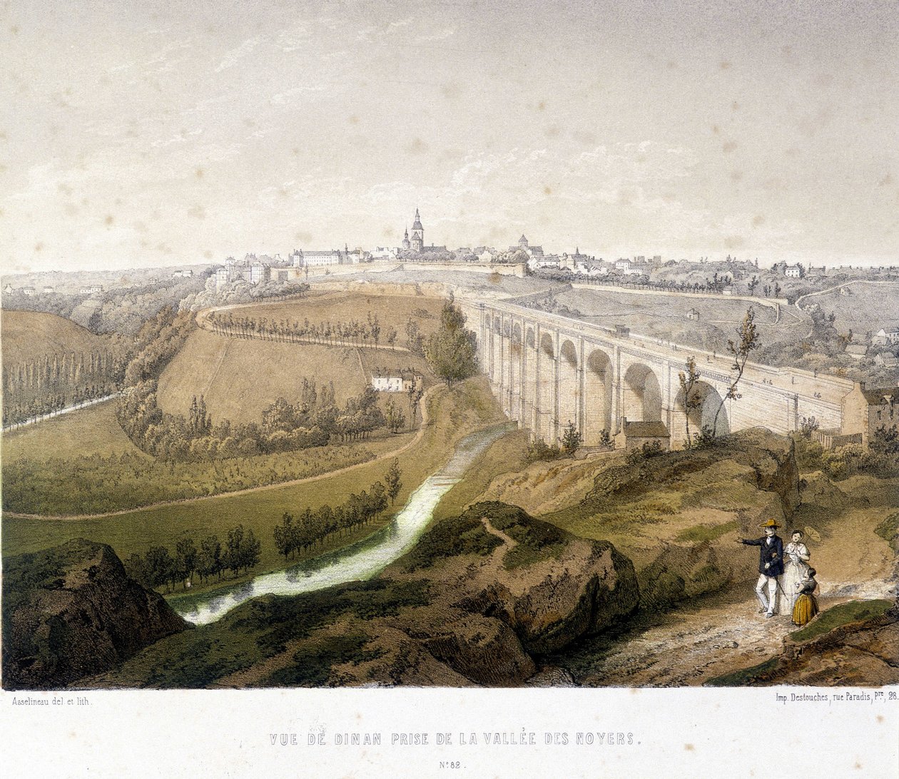Vy över Dinan, viadukten och valnötsdalen. Illustration från 1800-talet som finns bevarad på museet i Dinan. av French School
