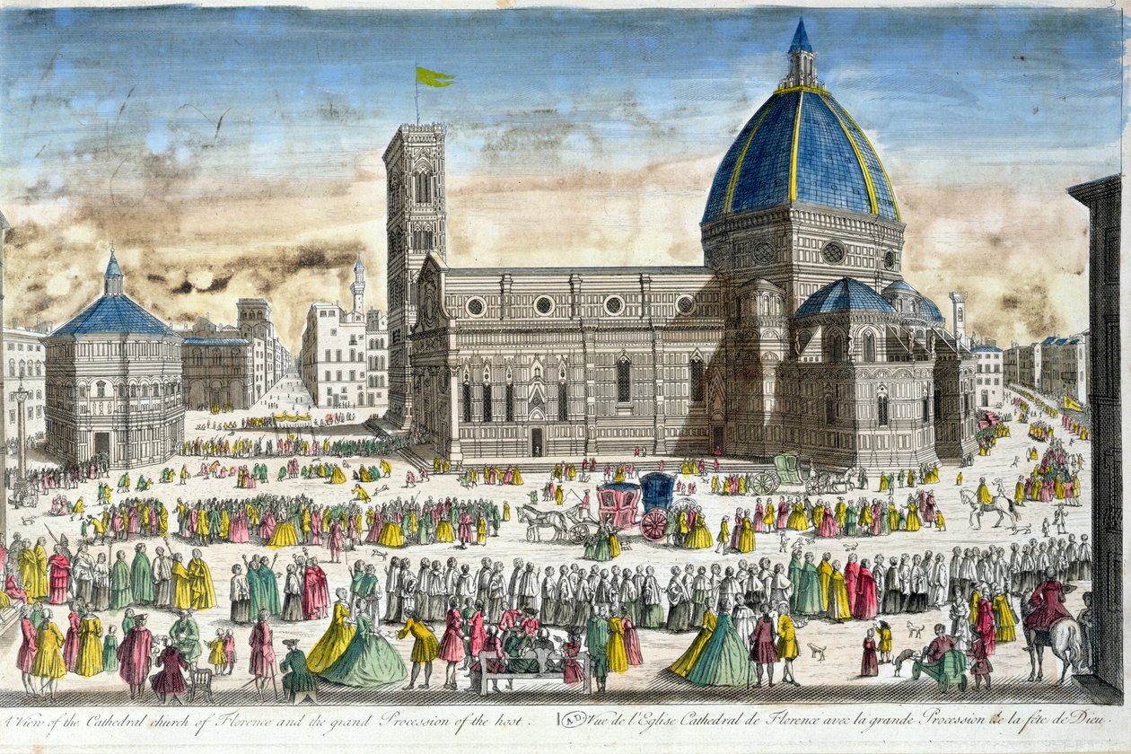 Utsikt över Florens katedral och den stora processionen av värden av French School