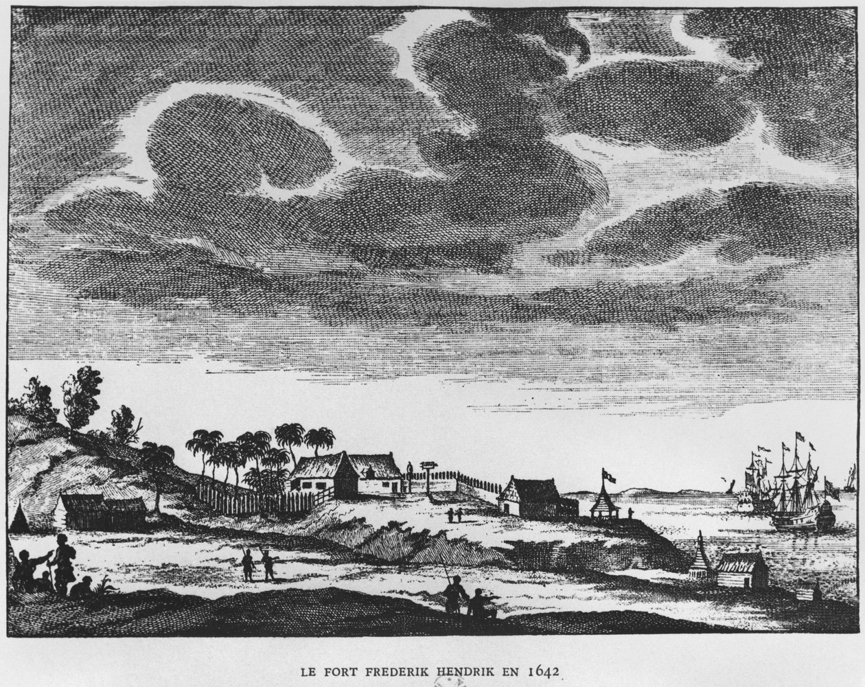 Utsikt över Fort Frederik Hendrik, Mauritius, 1642, illustration från Le Premier Etablissement Neerlandais a Maurice av prins Roland Bonaparte (1858-1924) 1890 av French School