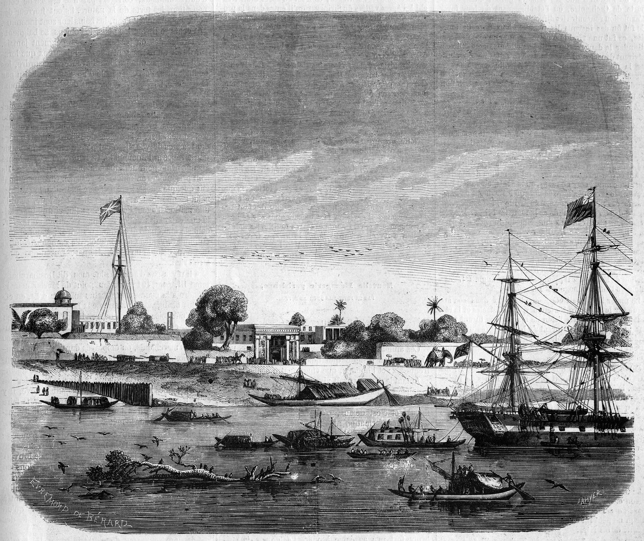 Utsikt över Fort Williams, på stranden av Ganges. Indien av French School