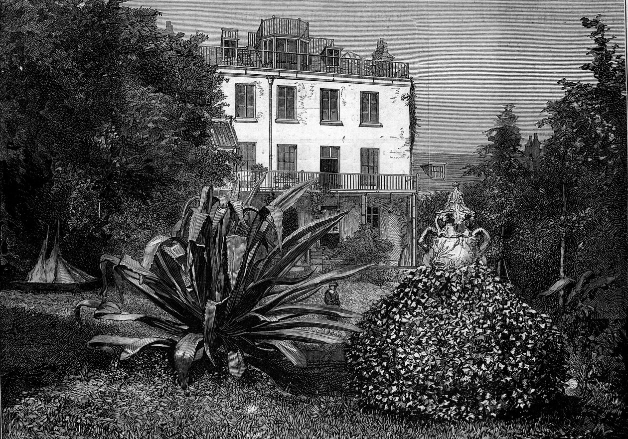 Utsikt över Hauteville House (Hauteville-House), Victor Hugos bostad under hans exil på ön Guernsey. Gravyr i "" The Illustrous World"" nr 1249 av 5 mars av French School
