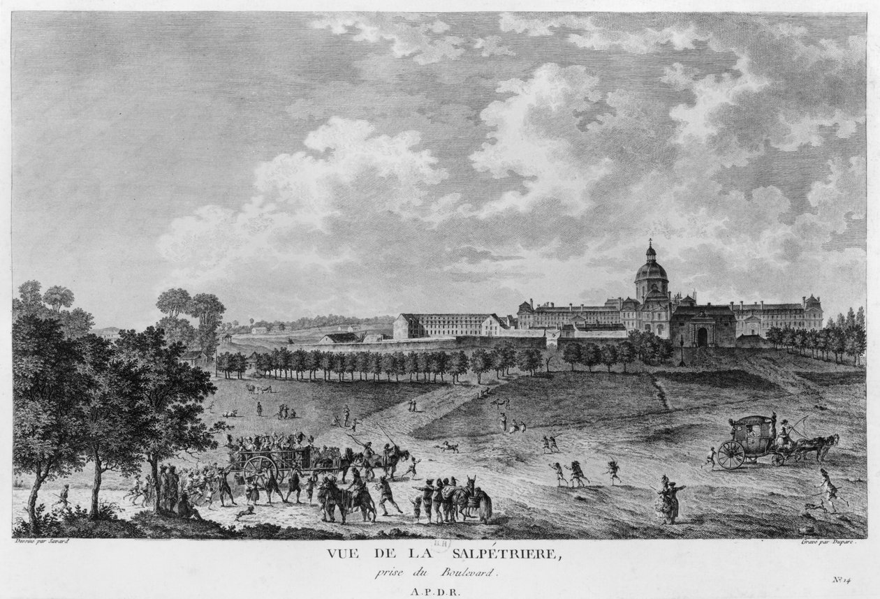 Vy över Hopital La Salpetriere, transport av prostituerade, Paris, graverad av Duparc, efter en teckning av Savard, ca 1790 av French School