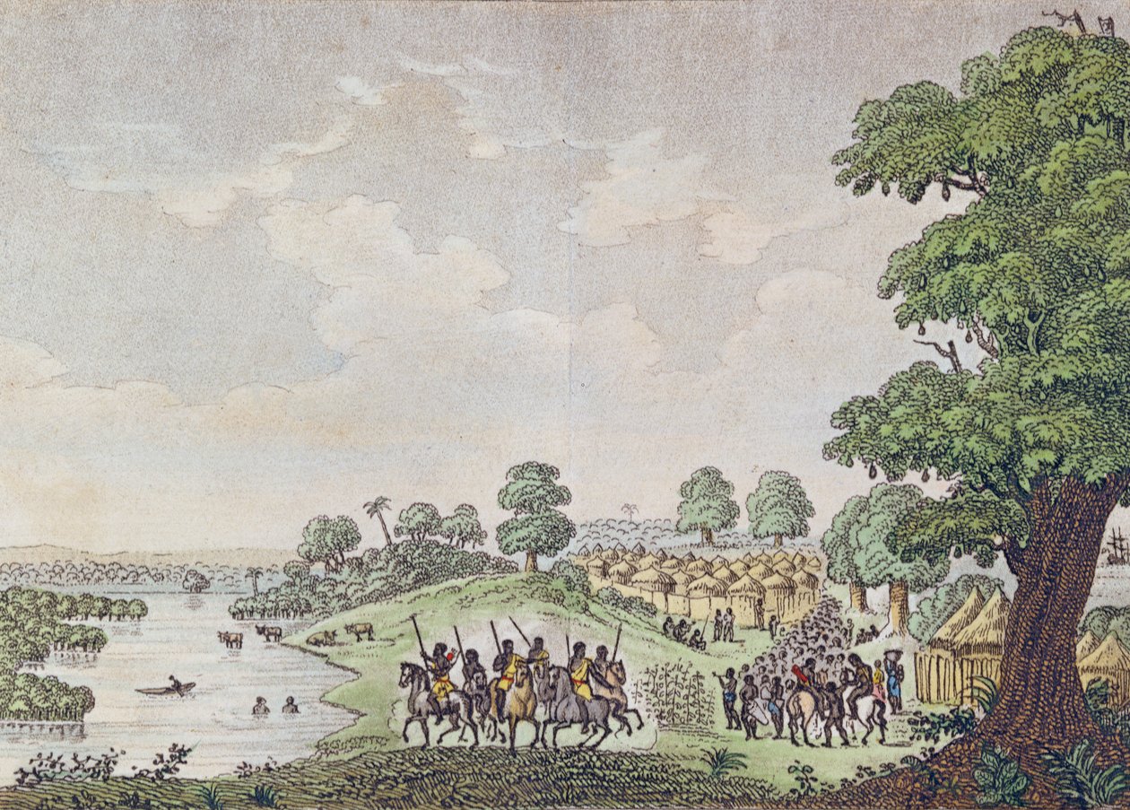 Vy över Joal, handelshamn i kungariket Sine, Senegal, c.1810 av French School