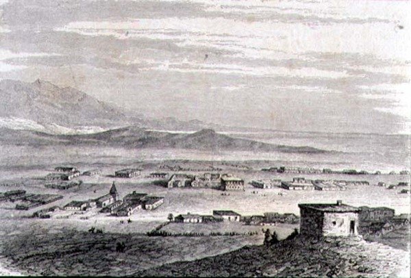 Utsikt över Los Angeles på 1860-talet (gravyr) av French School
