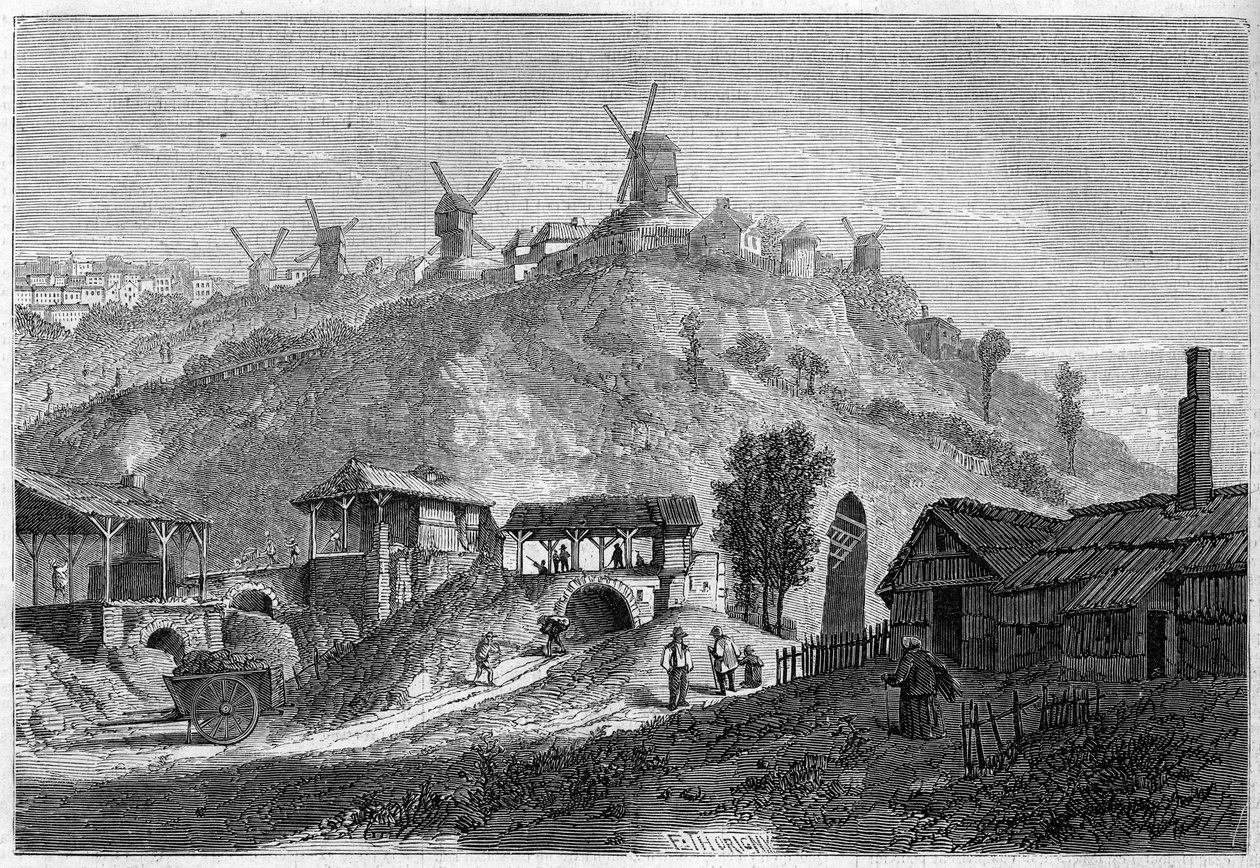 Vy över Montmartre 1859, innan han gick med i staden Paris 1860. Vy tagen från slätten Saint Denis. Gravyr i "" Le Monde Illustré"" nr 141 av 24 december 1859. av French School