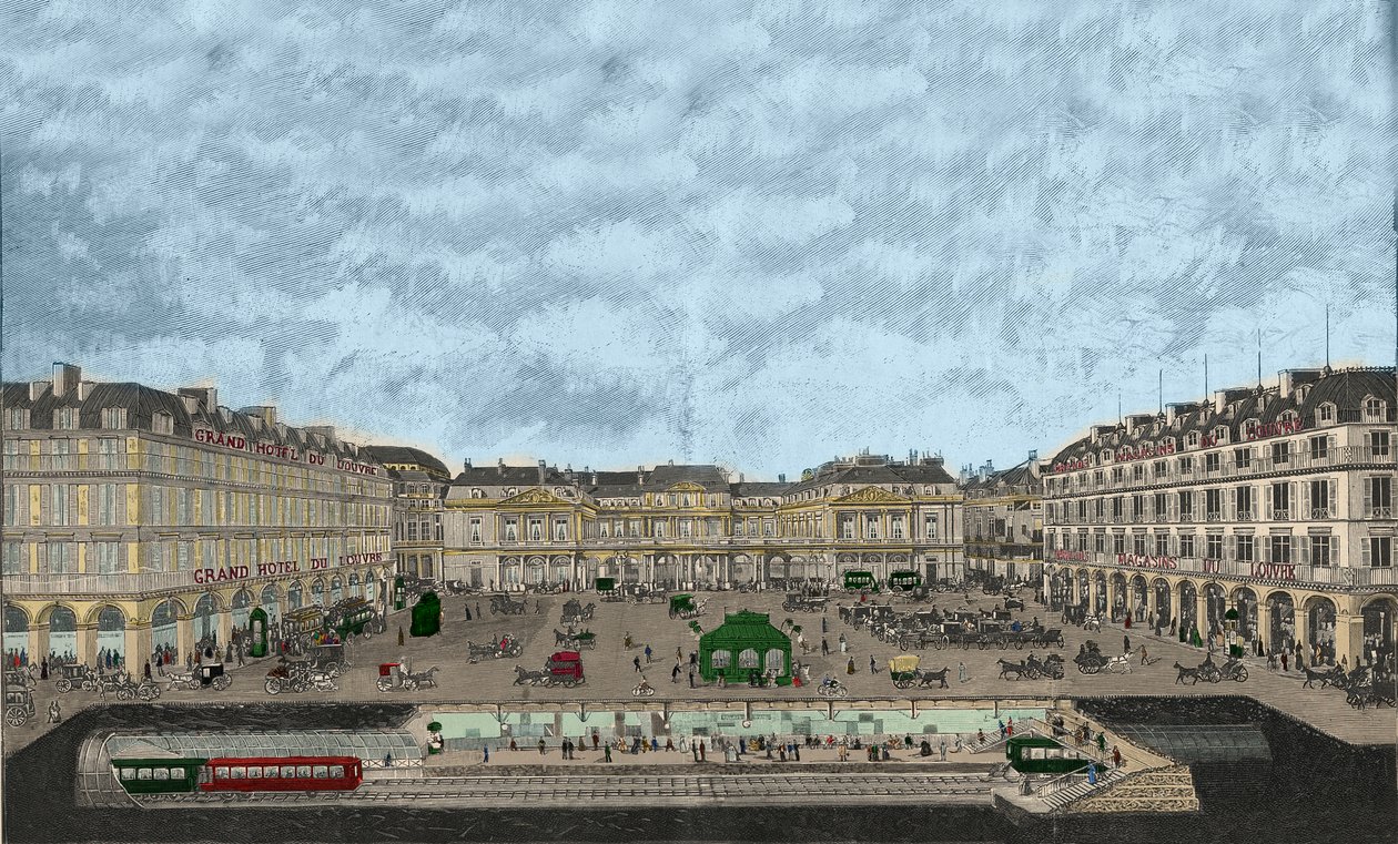 Utsikt över Palais-Royal och Rue de Rivoli med ett tvärsnitt av metropolitan järnvägsstation 1898 (färgad etsning) av French School