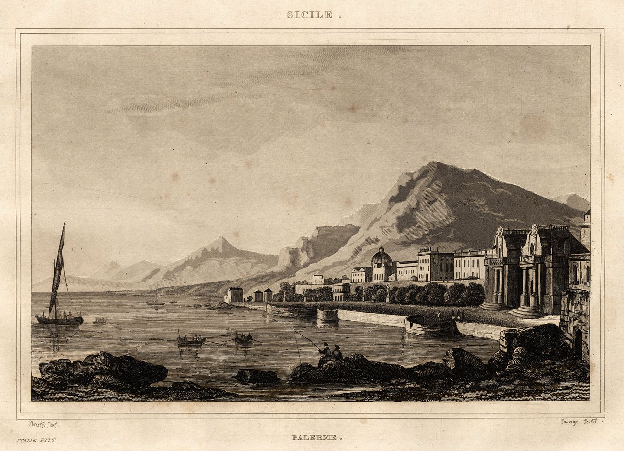 Vy över Palermo, Sicilien, gravyr av Storelli, i "" Pittoreska Italien", Amable Coste-redaktör av French School