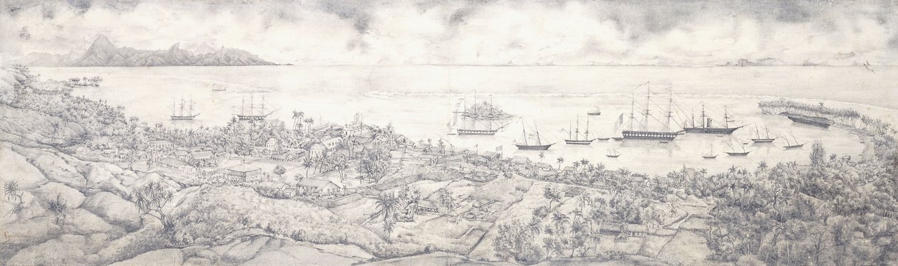 Utsikt över Papeete, Tahiti, med utsikt över hamnen mot Moorea, mitten av 1800-talet av French School