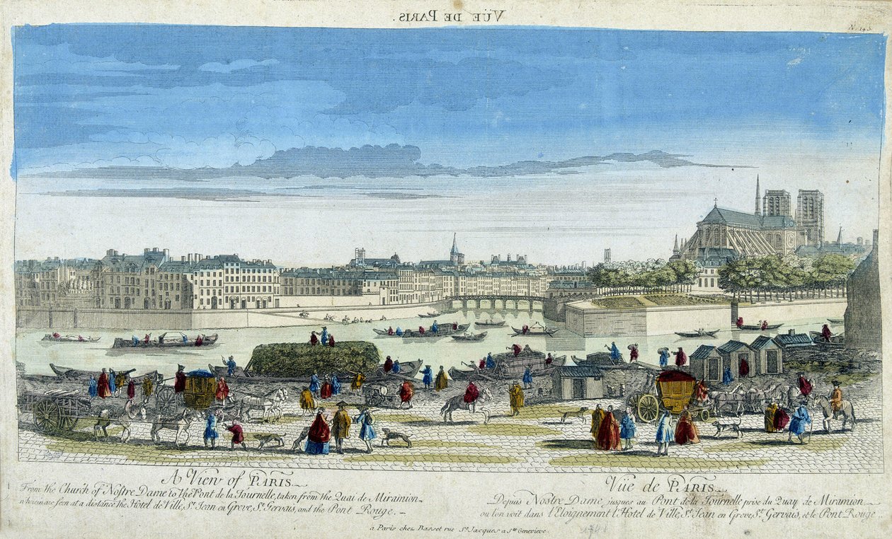 Utsikt över Paris och Notre-Dame (Notre Dame), med hamnen på Ile St Louis - gravyr av French School