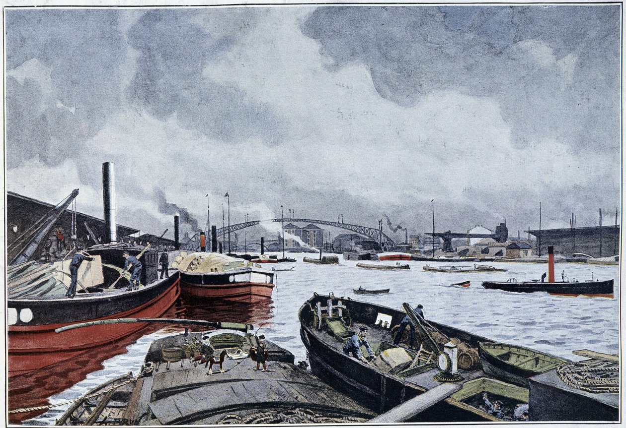 Utsikt över Paris, Seine och Villettes bassäng, akvarell av Brun. 1889. av French School