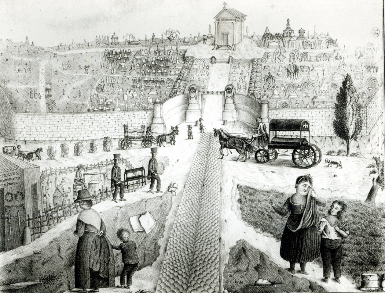 Utsikt över Pere-Lachaise-kyrkogården, tidigt 1800-tal av French School