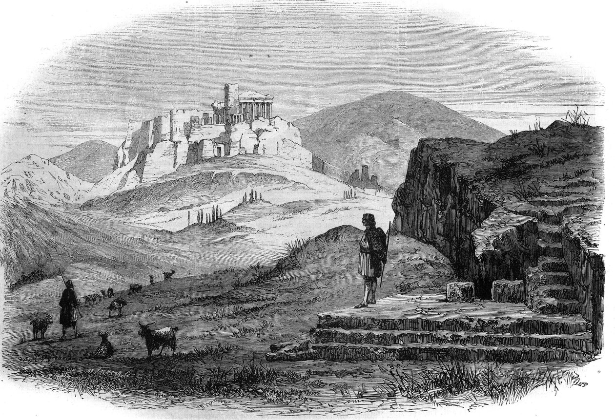 Utsikt över Pnyx, Atens kulle väster om Akropolis med utsikt över den antika Agora. Gravyr efter teckning av M.F. Sargeais i "The Illustrous Universe"" av French School