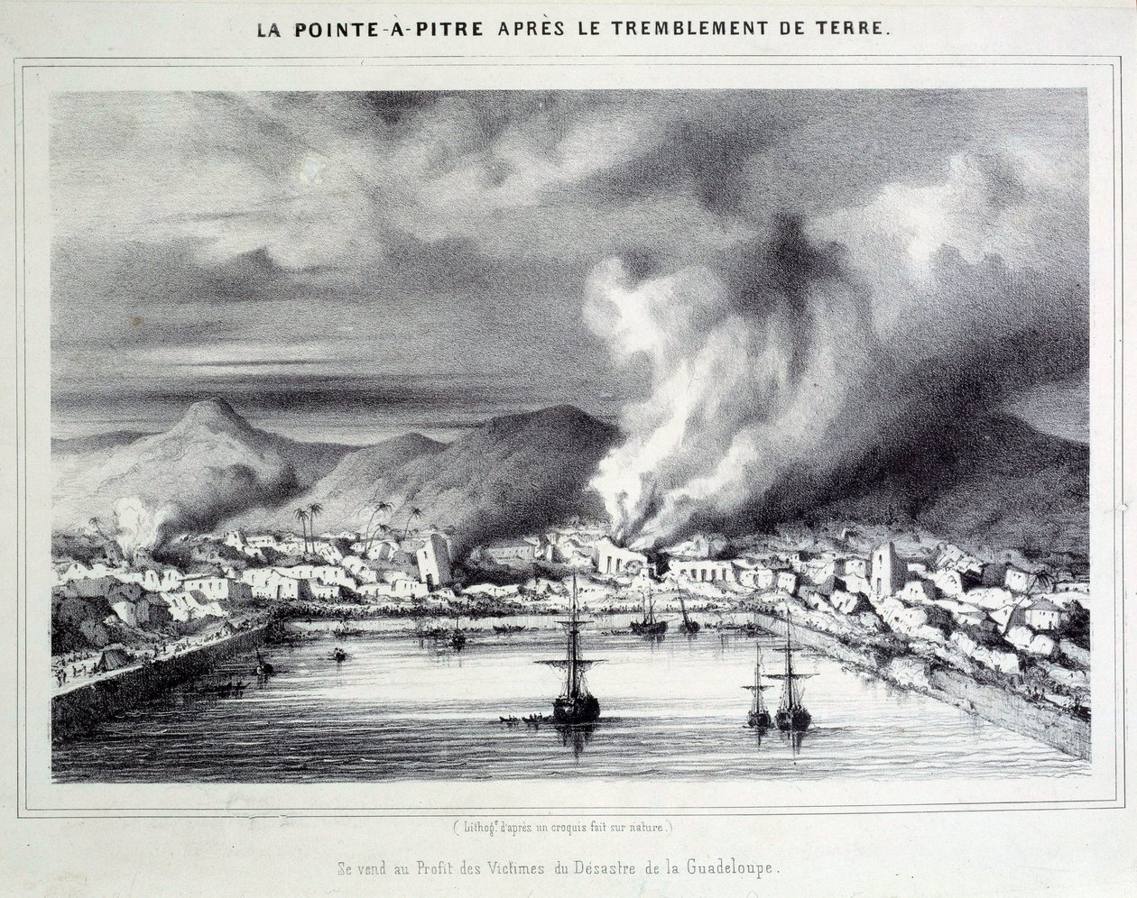 Utsikt över Pointe a Pitre (Pointe-a-Pitre) efter jordbävningen den 8/02/1843. Gravyr av 1800-talets Chartres, Musee des Beaux Arts av French School
