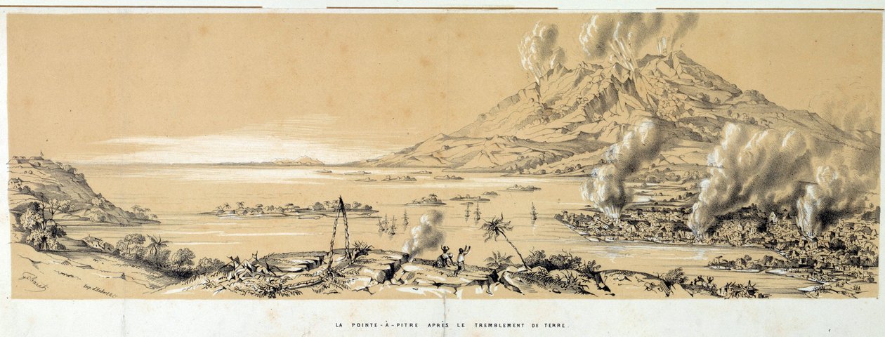 Utsikt över Pointe a Pitre (Pointe-a-Pitre) efter jordbävningen den 8 februari av French School
