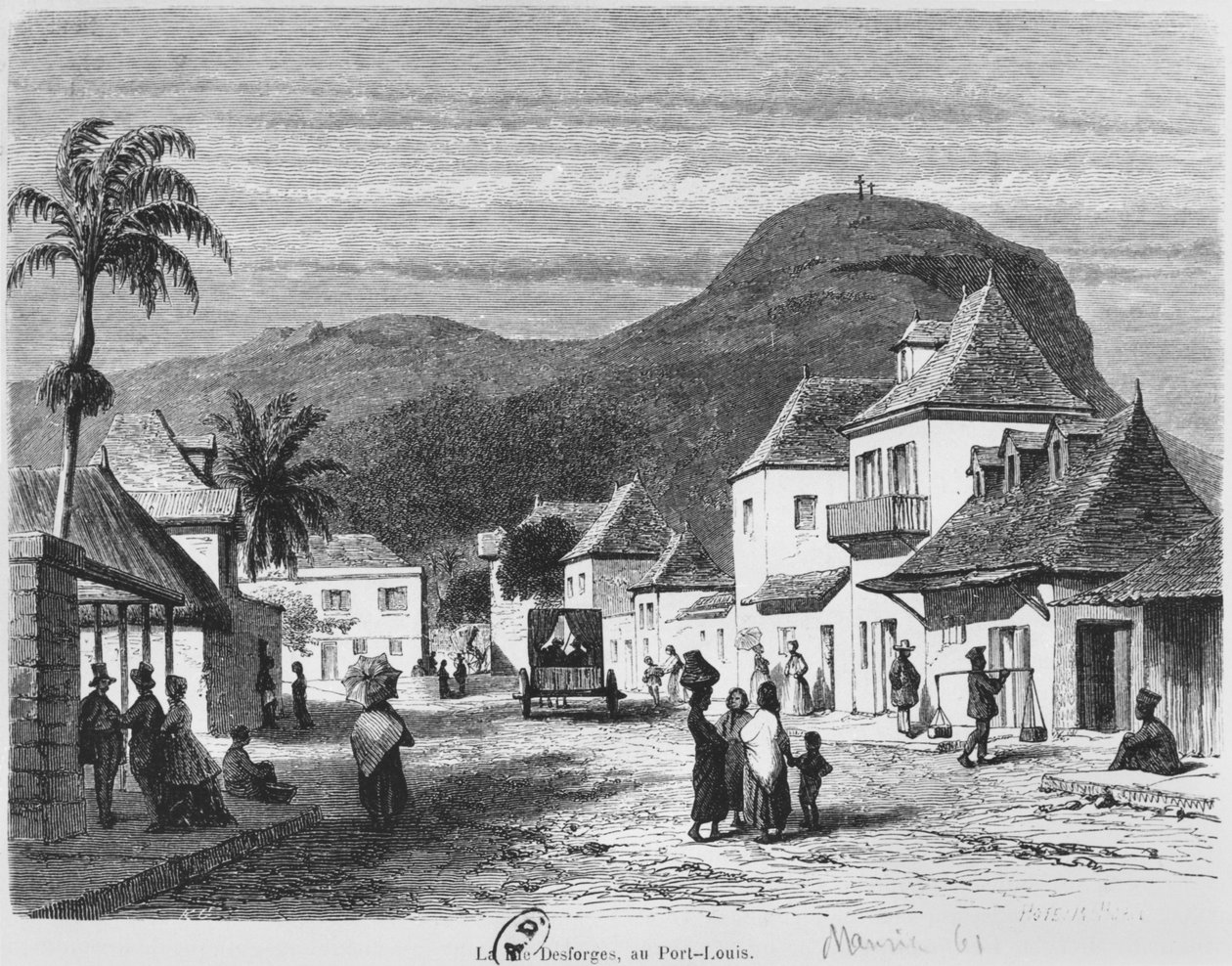 Utsikt över Port Louis, rue Desforges, Mauritius, 1861 av French School
