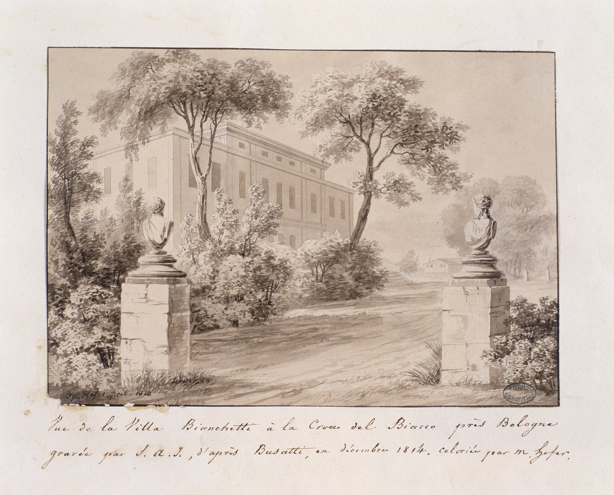Vy över Villa Bianchetti i Croce del Biacco nära Bologna, graverad av S.A.I. efter Busatti, färgad av M. Hofer, december 1814 (färgad gravyr) av French School