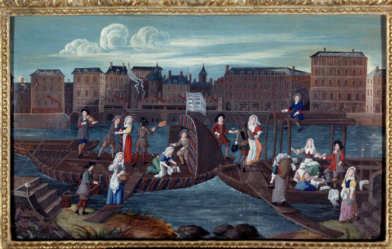 Vy över en fiskbåt och vitkalkning av båtar på Quai de la Megisserie i Paris Anonym målning av den franska skolan. 1670. Paris, Musee Carnavalet av French School