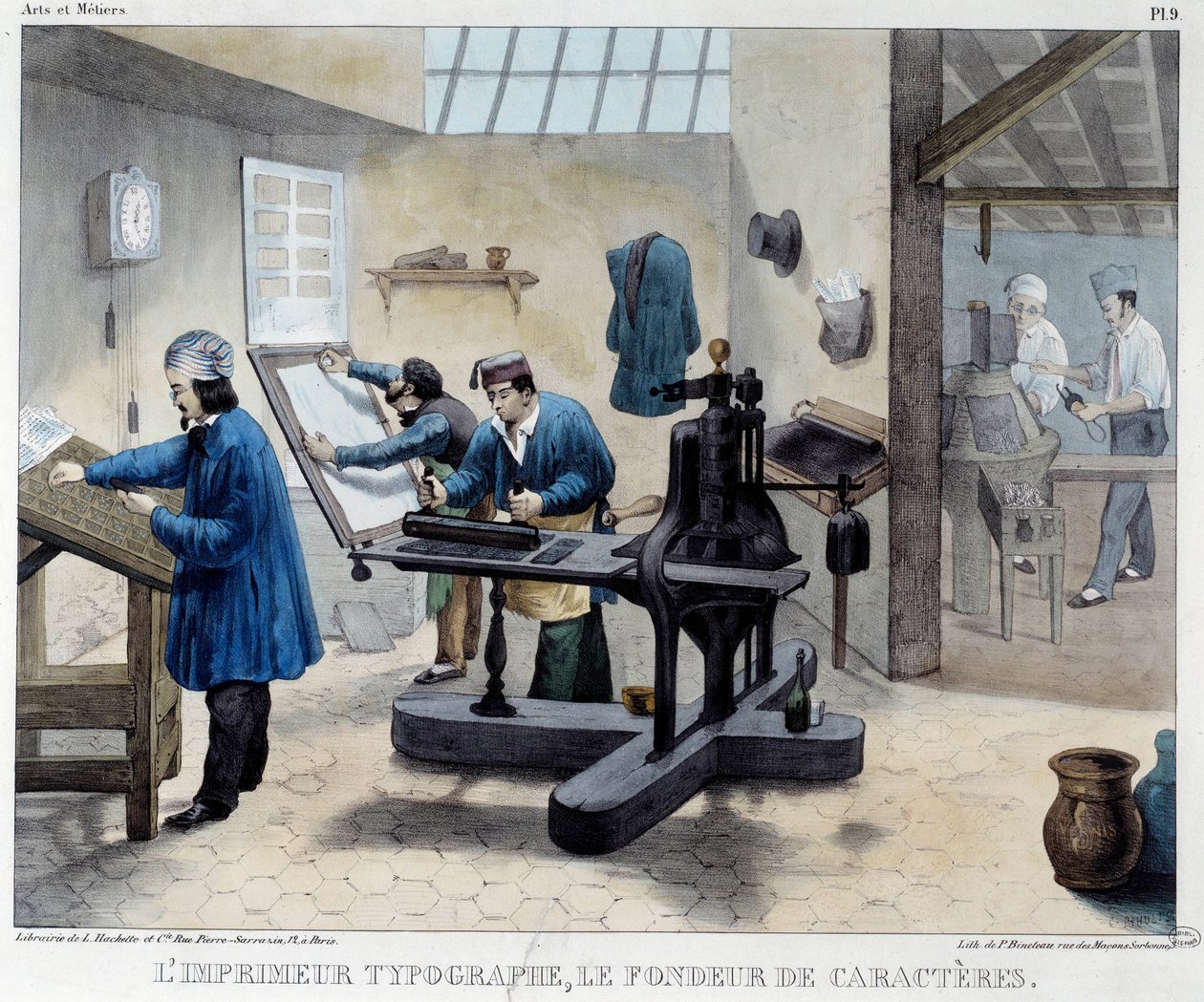 Utsikt över en tryckeriverkstad: typografen och karaktärsskaparen. Litografi av Bineteau av French School