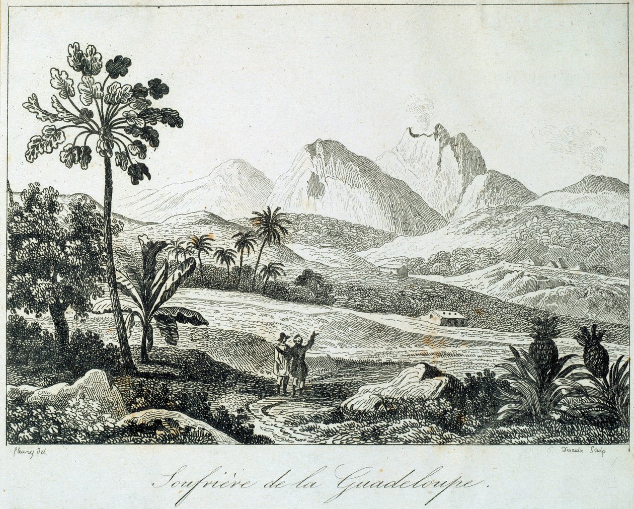 Vy över en soufriere i Guadeloupe. Gravyr från 1800-talet. Chartres, Musee des Beaux Arts av French School