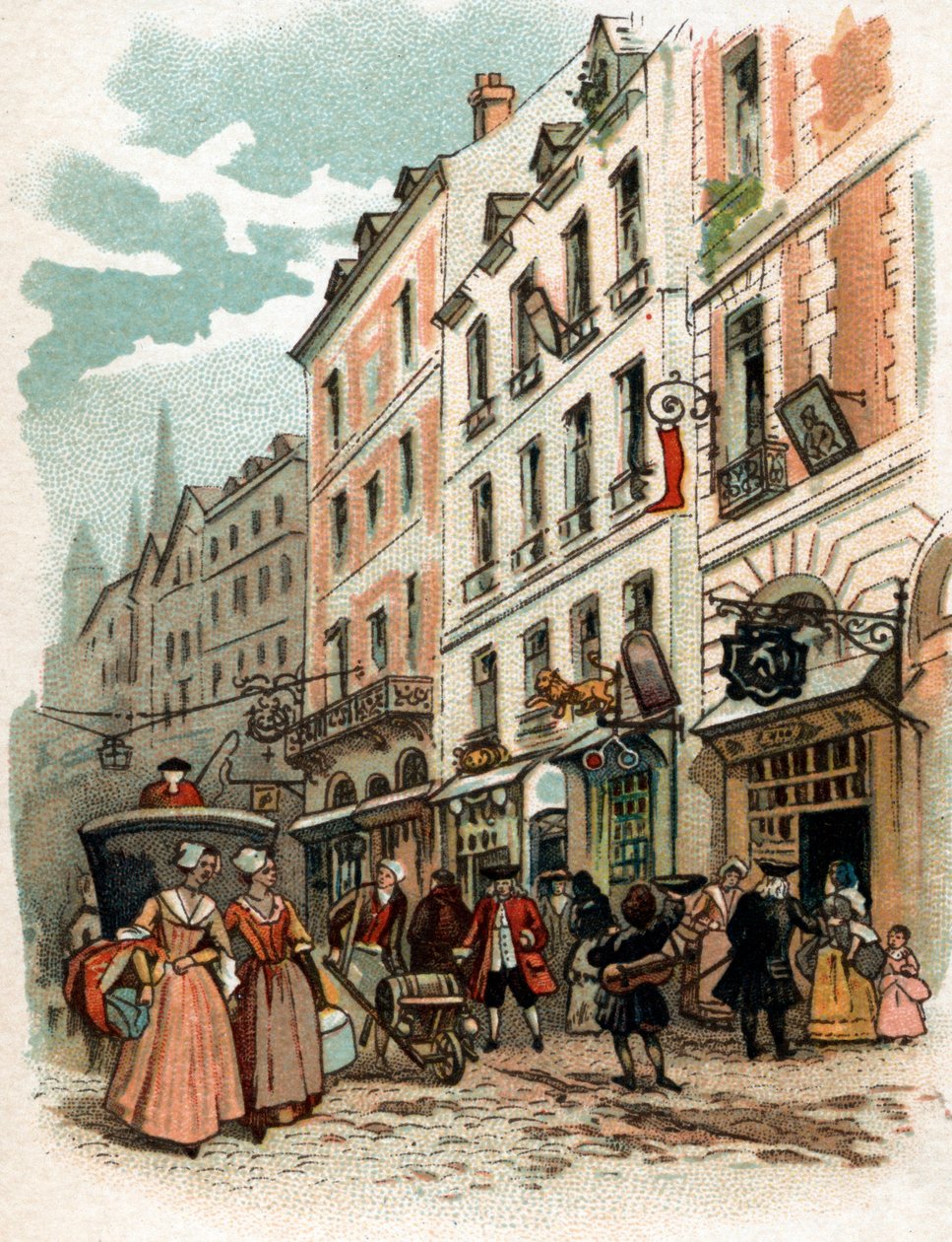 Utsikt över en gata i Paris under kung Ludvig XV:s regeringstid, början av 1700-talet Chromolithography de la fin du 1800-talets privatsamling av French School