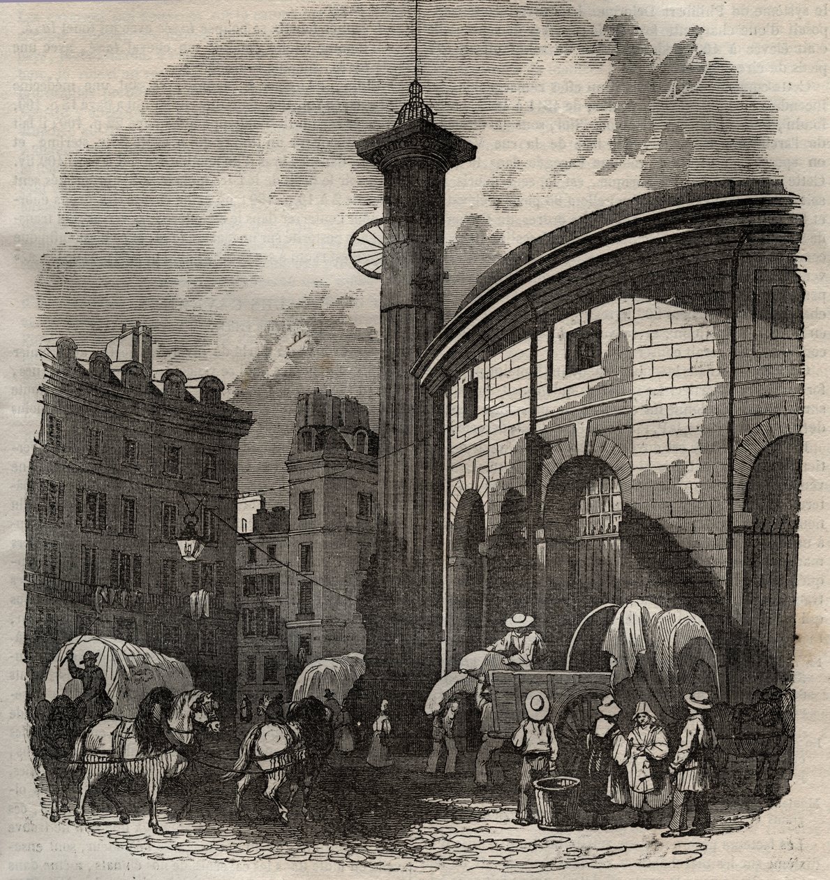 Vy över halle au ble i Paris (byggd 1763-1769) och Medici-kolonnen, gravyr från början av 1800-talet - vete- och majsbyte i Paris (byggd 1763-1769), gravyr tidigt 1800-tal - Vy över Halle au ble, placeras på nuvarande Hotel de Sois av French School