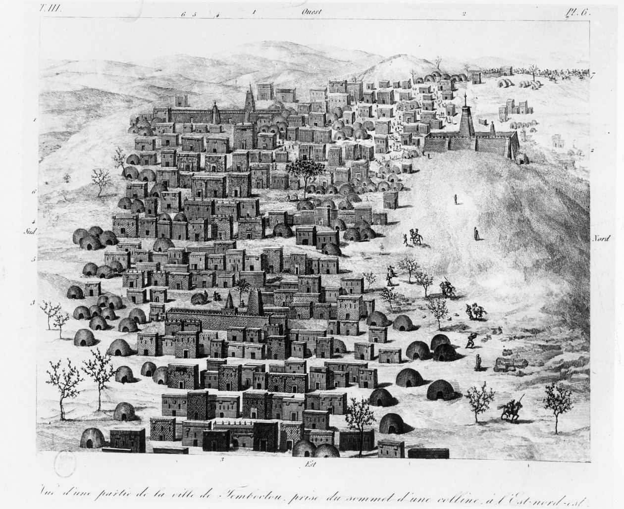 Utsikt över en del av staden Timbuktoo från en kulle i öster, från Voyage a Tombouctou av Rene Caillie, publicerad 1830 av French School