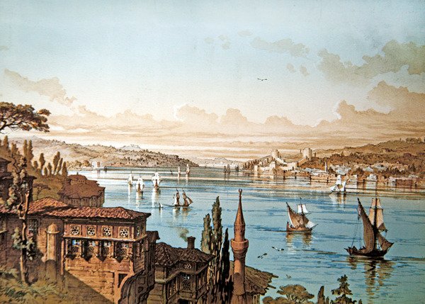 Utsikt över sjöfarten på Bosporen och slottet Rumeli Hisari med Istanbul i fjärran (färg litho) av French School