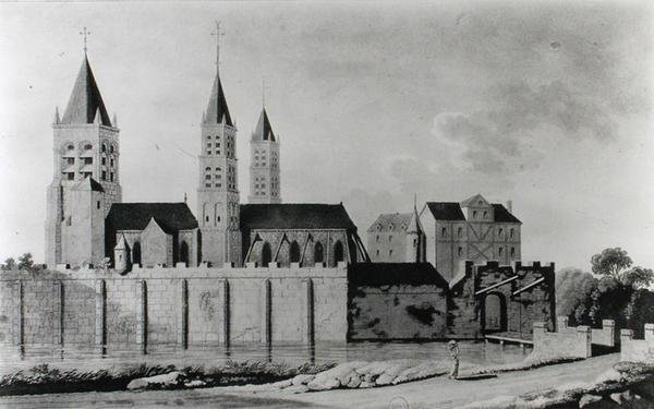 Utsikt över klostret Saint-Germain-des-Pres i början av 1400-talet (litografi) (s/v foto) av French School