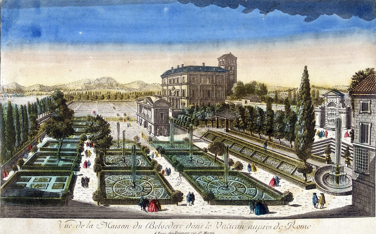 Utsikt över Belvedere-huset i Vatikanen, Rom. av French School