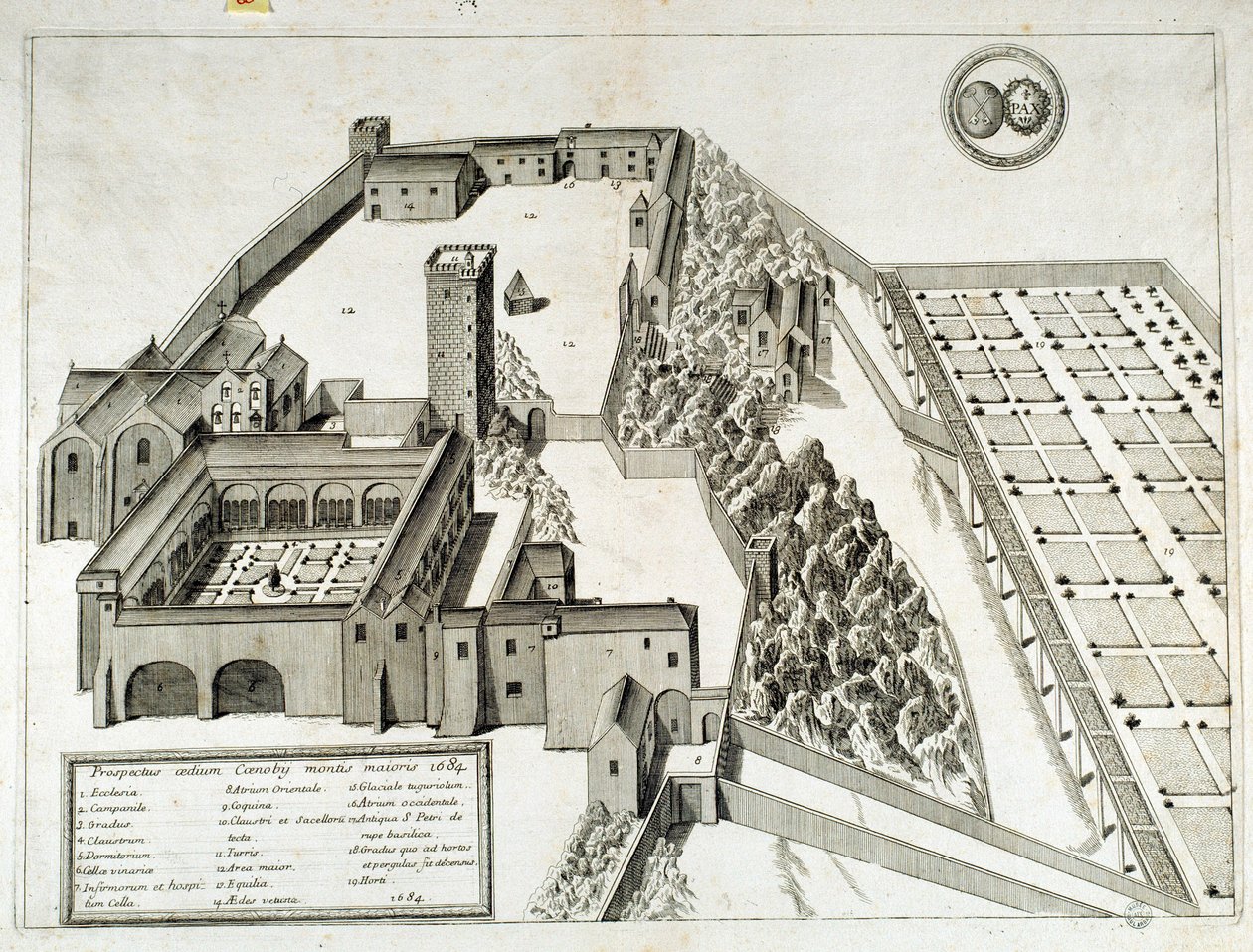 Utsikt över benediktinerklostret Saint Pierre de Montmajour (eller Mont Majour), grundat 948, Arles, Frankrike (gravyr) av French School